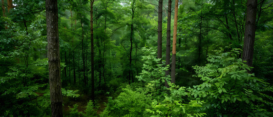 Obraz premium Lush Green Forest Scene with Tall Trees and Dense Underbrush in a Natural Setting