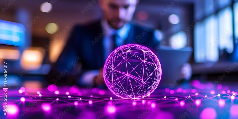 Poster a blurred figure in a suit interacts with a glowing purple sphere connected by lines, symbolizing te