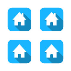 House, home icon set with long shadow. Homepage sign symbol on blue square