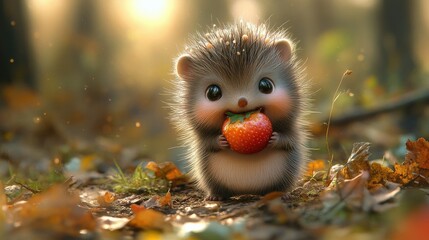 Adorable hedgehog eating strawberry in autumn forest.