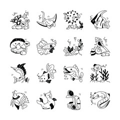 A collection of icons of various aquatic animals, including fish, rays, seahorses, pufferfish, and more, in a simplified, cartoonish style