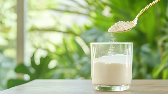 Colostrum Powder Being Poured into a Glass of Water