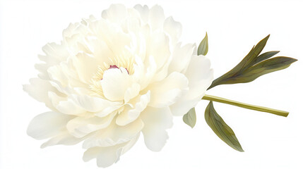 Simple watercolor colorful blossom frame border. White peony flower with delicate petals and green leaves on a stem against a white background.