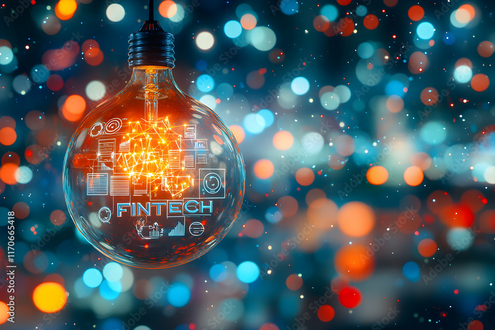 Poster illuminated lightbulb displays fintech concept; glowing network inside, bokeh background. ideal for 