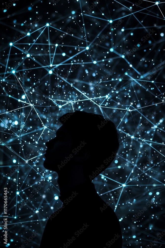 Poster digital data connection silhouette against dark background with bright blue lines and dots