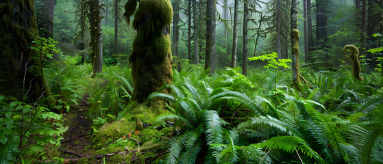 Lush Green Forest with Mossy Trees and Dense Ferns in a Misty Environment