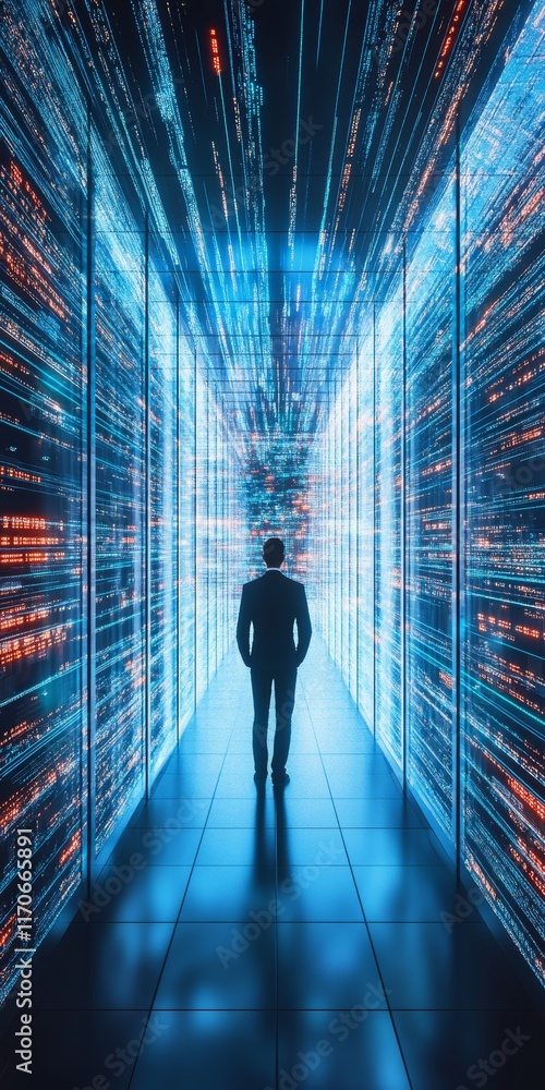 Poster man walking in a futuristic digital network space with vibrant data streams in perspective
