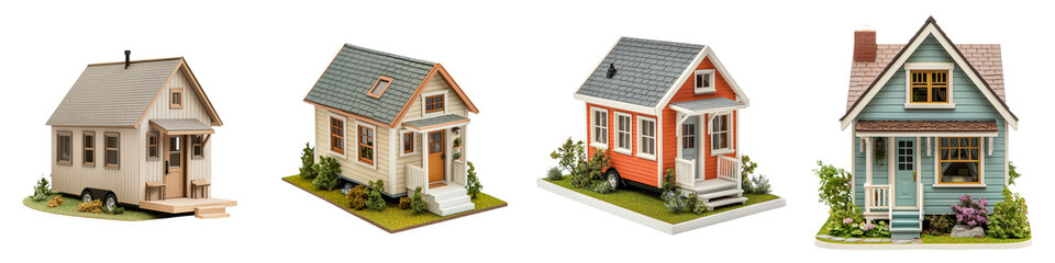 A collection of miniature model homes showcasing a range of architectural styles and cozy neighborhood scenes complete with lush greenery flowerbeds