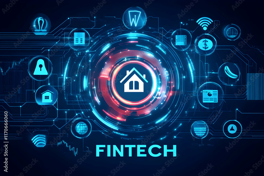 Poster futuristic fintech concept image showcasing smart home technology integration with financial service