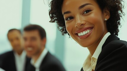 Happy female business professional with colleagues in meeting at office