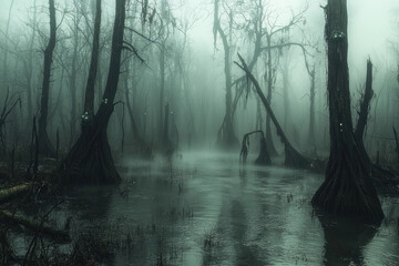 Spooky swamp in fog with creepy trees.