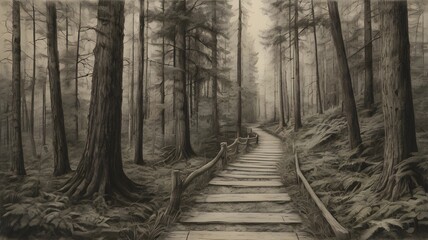 Naklejka premium A 19th-century style pencil and charcoal sketch of a serene forest path, surrounded by towering trees, on distressed paper with visible cracks, faint discoloration, and smudged ink,Generative Ai 