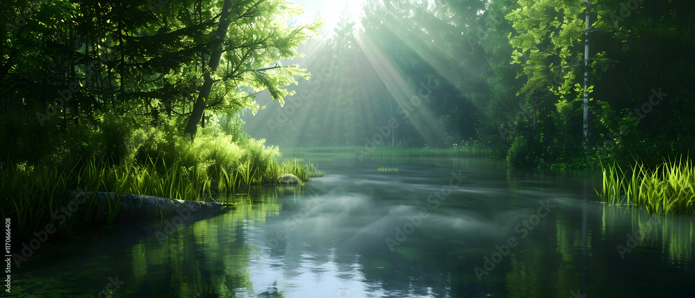 Poster serene forest scene with sunlight streaming through trees and reflections on calm water surface