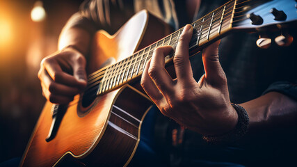 Obraz premium Close-up of hands playing the guitar, cinematic in style, with a dark atmosphere and an orange light in the background. The image has a motion blur effect and a shallow depth of field