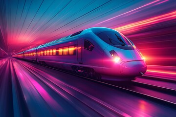 Naklejka premium High-speed train streaks through a vibrant tunnel at sunset.