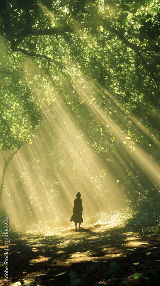 Poster surreal light filtering through trees in a fantastical forest scene