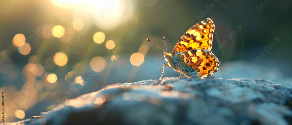 Poster close-up of a vibrant butterfly resting on a rock with a blurred background of golden sunlight bokeh