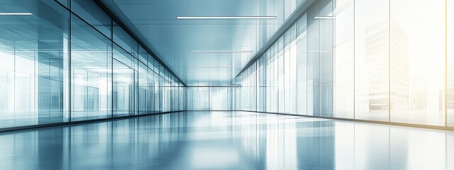 Modern White Office Interior with Glass Walls, Minimalist Corporate Workspace, Bright Lighting, Business Environment Design Concept