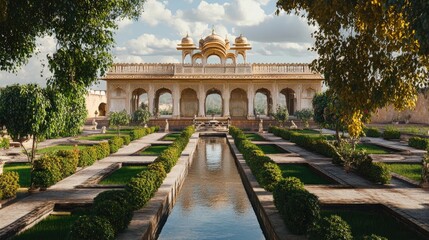 An elegant composition of the Sheesh Mahal surrounded by vibrant gardens.