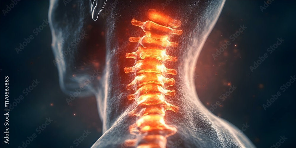 Poster a glowing 3d representation of a human spine, highlighting the vertebrae and surrounding structures.
