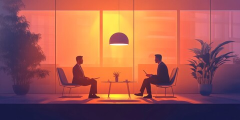 Fototapeta premium Two men are sitting at a table in a room with a potted plant in the background