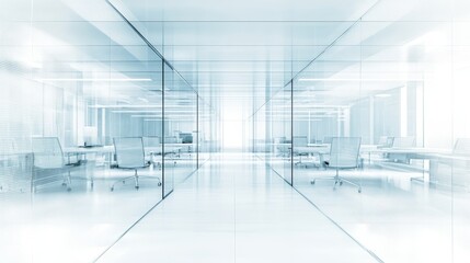 Modern White Office Interior with Glass Walls, Minimalist Corporate Workspace, Bright Lighting, Business Environment Design Concept