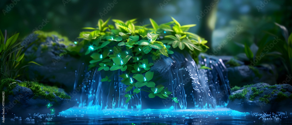 Poster serene waterfall surrounded by lush greenery and glowing lights in a tranquil forest setting
