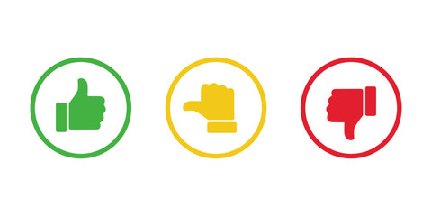 Like, neutral, and dislike hand icon on circle outline. Thumb up, middle, and down color sign symbol © ElsaNur
