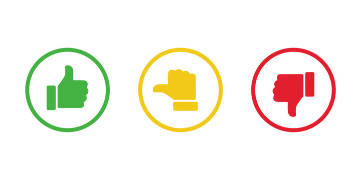 Like, neutral, and dislike hand icon on circle outline. Thumb up, middle, and down color sign symbol