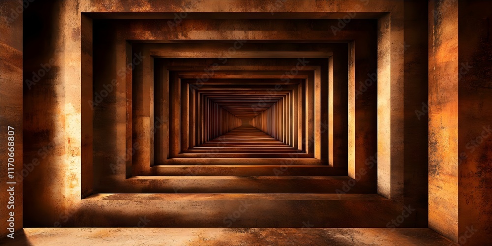 Poster a geometric pattern of concentric square shapes receding into an abstract, warm-toned tunnel or cham