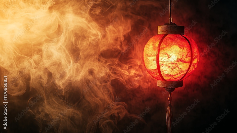 Poster minimalist background with soft swirling smoke and red lantern glow, creating a dreamy atmosphere wi