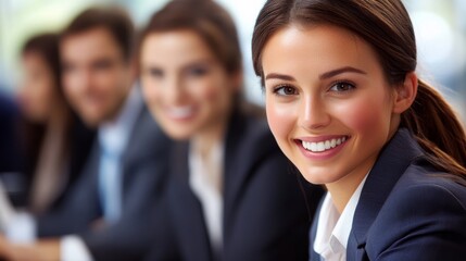 Happy female business professional with colleagues in meeting at office