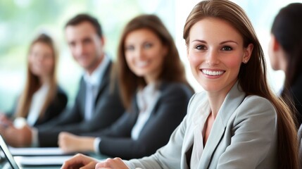 Happy female business professional with colleagues in meeting at office