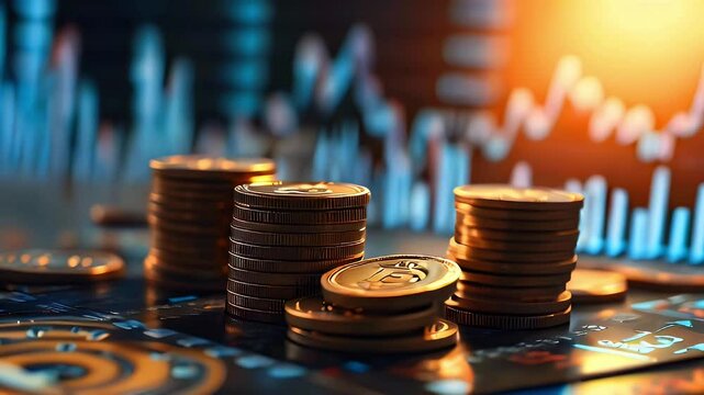 Gold coins stacked on financial charts with rising graph in background.