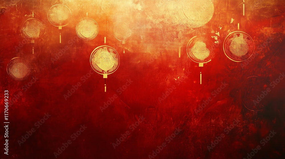 Poster red and gold abstract background with traditional chinese patterns, glowing lanterns, and space for 