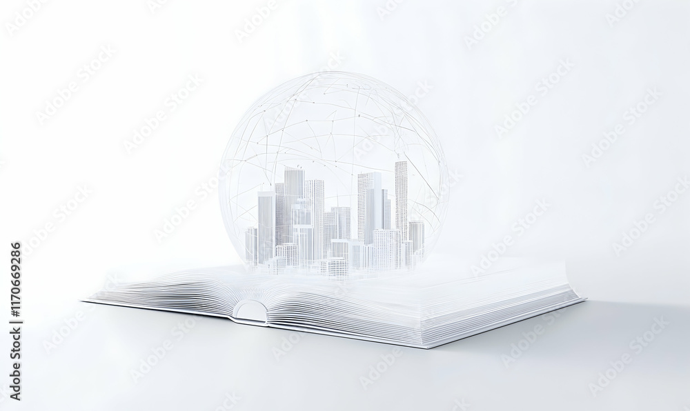 Poster abstract image of a city skyline encased within a globe, appearing to rise from an open book, symbol