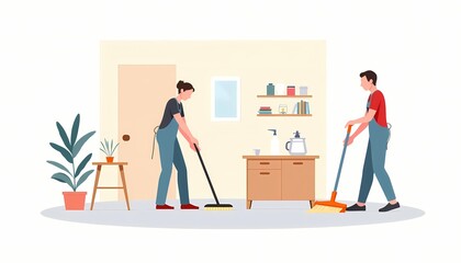 Two men cleaning floor in modern kitchen interior.