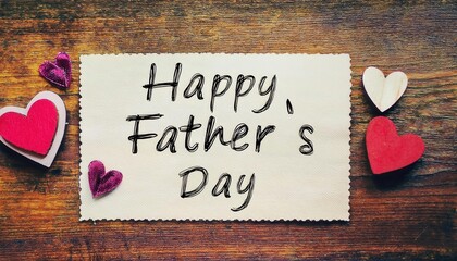 Happy Father's Day Greeting Card on Wooden Background with Red Paper Hearts. Perfect Design for Celebrating Fatherhood, Expressing Love, and Crafting Personalized Messages for Dads Worldwide