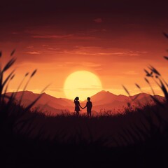 Romantic Silhouette of Couple Holding Hands at Sunset in Mountains