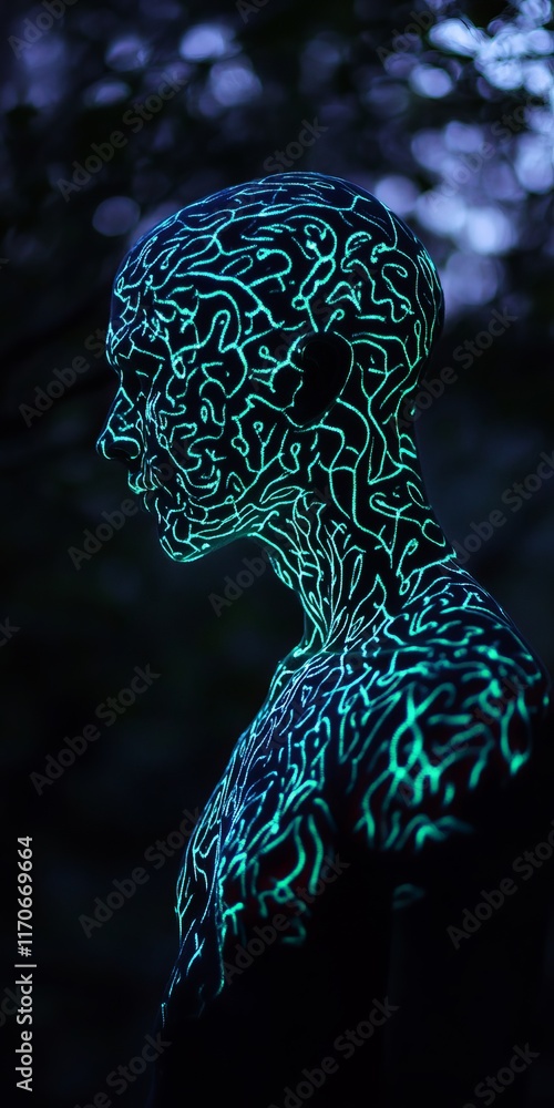 Poster futuristic neon body art illuminated in dark forest setting with intricate glowing patterns