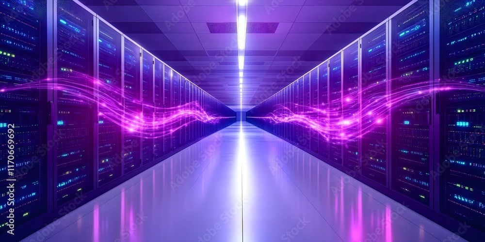 Poster a modern data center corridor with rows of server racks illuminated by blue and purple lights. conce