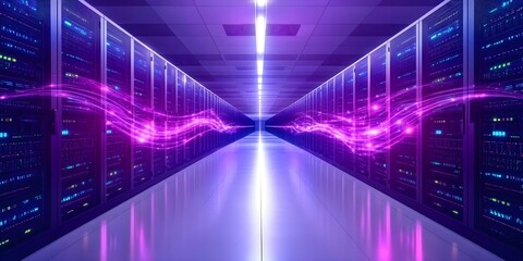 A modern data center corridor with rows of server racks illuminated by blue and purple lights. Concept Modern Data Center, Server Racks, Ambient Lighting, Blue and Purple Illumination