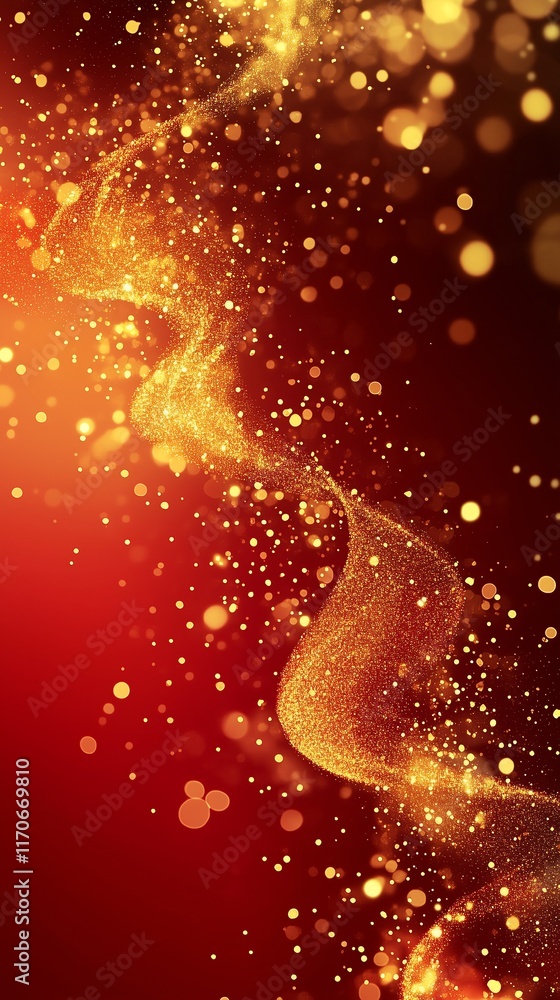 Poster chinese new year abstract background with golden sparkles over a red gradient, and space for text. (