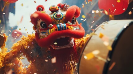 Dynamic photo of a lion dance parade, with confetti in the air and space for text.