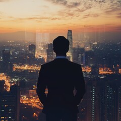 A man in a suit stands in front of a city skyline at night