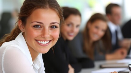 Happy female business professional with colleagues in meeting at office