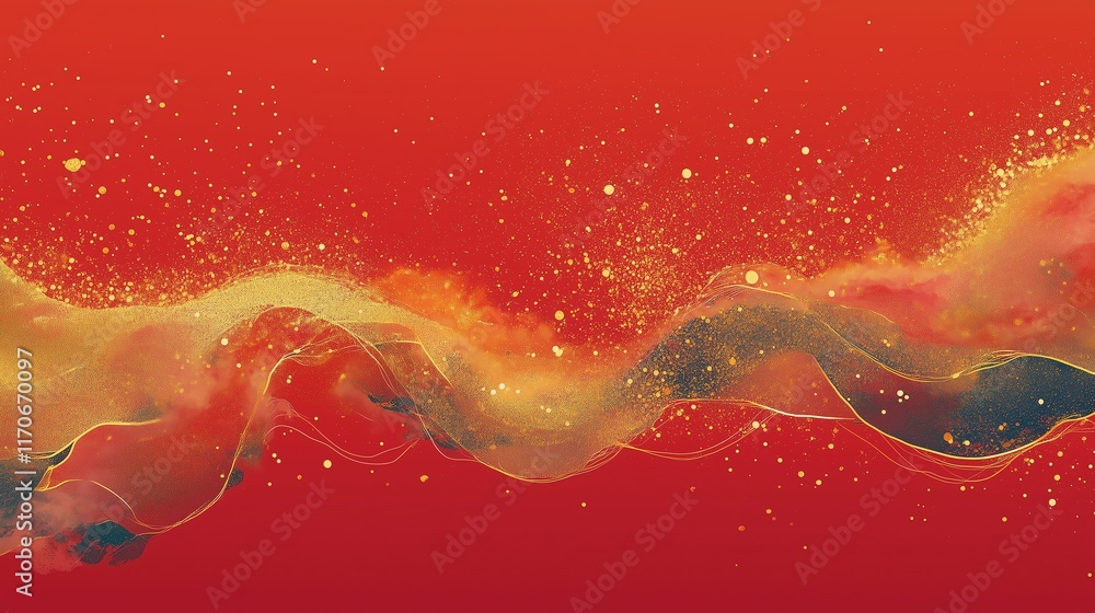 Poster glowing abstract chinese new year design with radiant gold particles over a red backdrop, text space