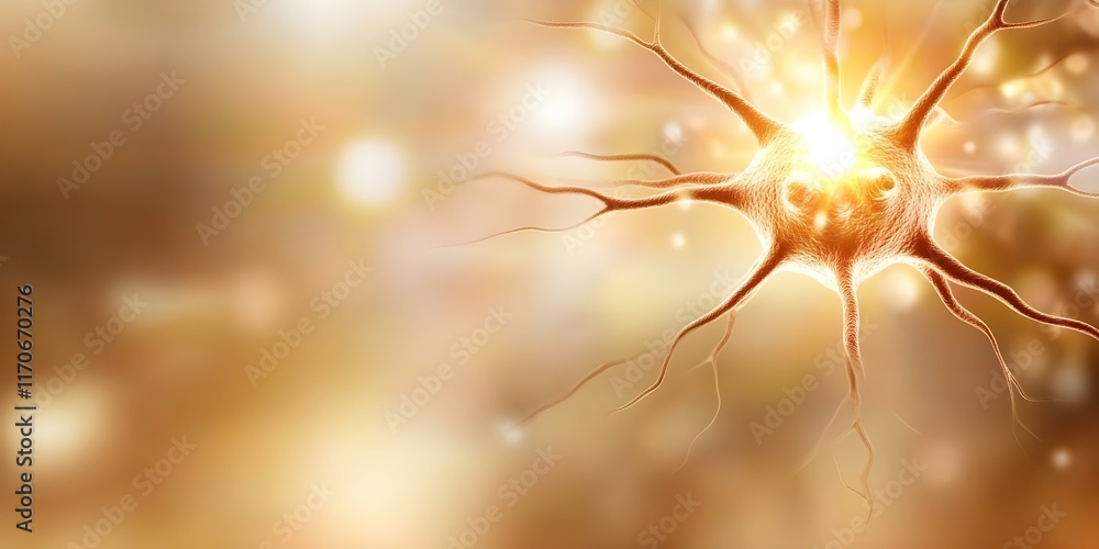 Poster a close-up of a neuron with glowing connections, representing communication in the nervous system. c