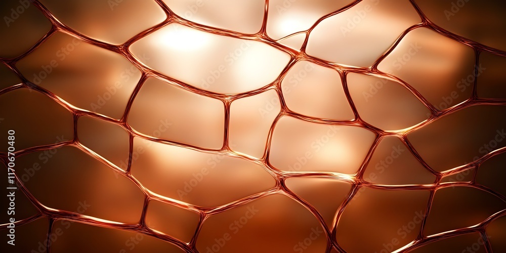 Poster an abstract representation of interconnected cellular structures with a warm, glowing background. co