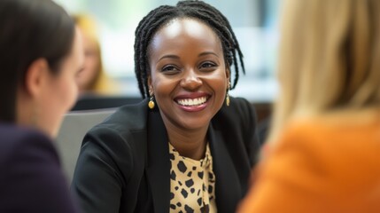 Happy female business professional with colleagues in meeting at office